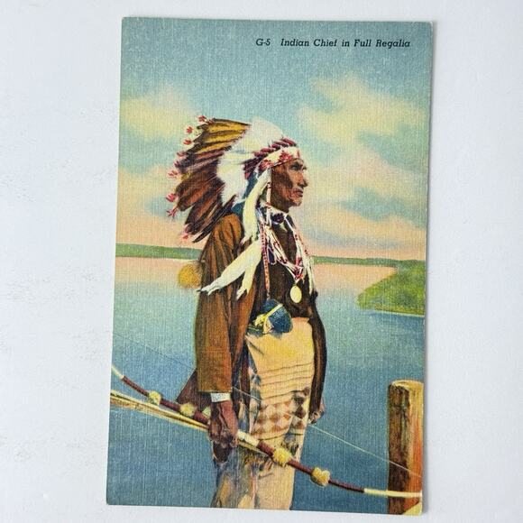 Vintage 1940s Native American Postcard G-5 INDIAN CHIEF IN FULL REGALIA T63 - Picture 1 of 2